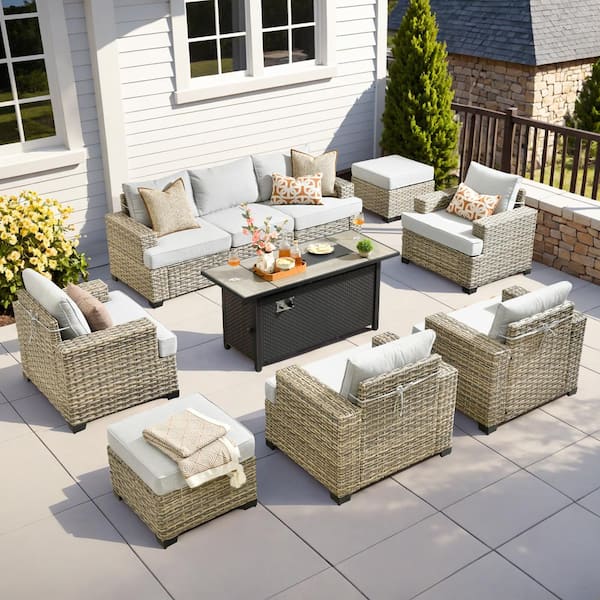 HOOOWOOO Kelleys 10-Piece Wicker Modern Outdoor Patio Conversation Sofa Seating Set with a Metal Fire Pit and Light Grey Cushions