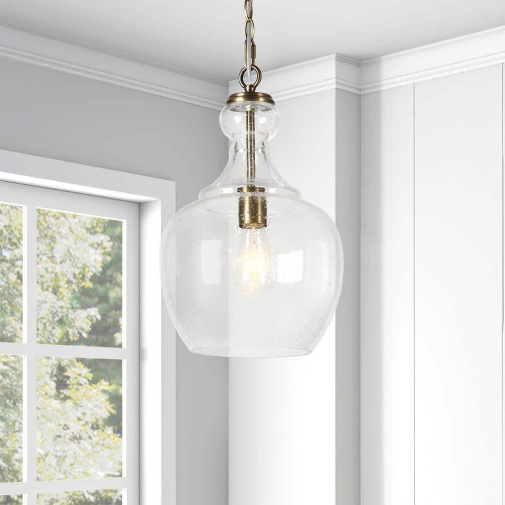 Verona 1-Light Brass Pendant with Seeded Glass Shade