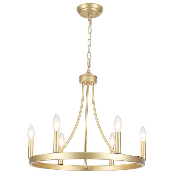 ADSENSTY 6-Light Gold Farmhouse Wagon Wheel Chandelier Rustic Dining Room Pendant Light