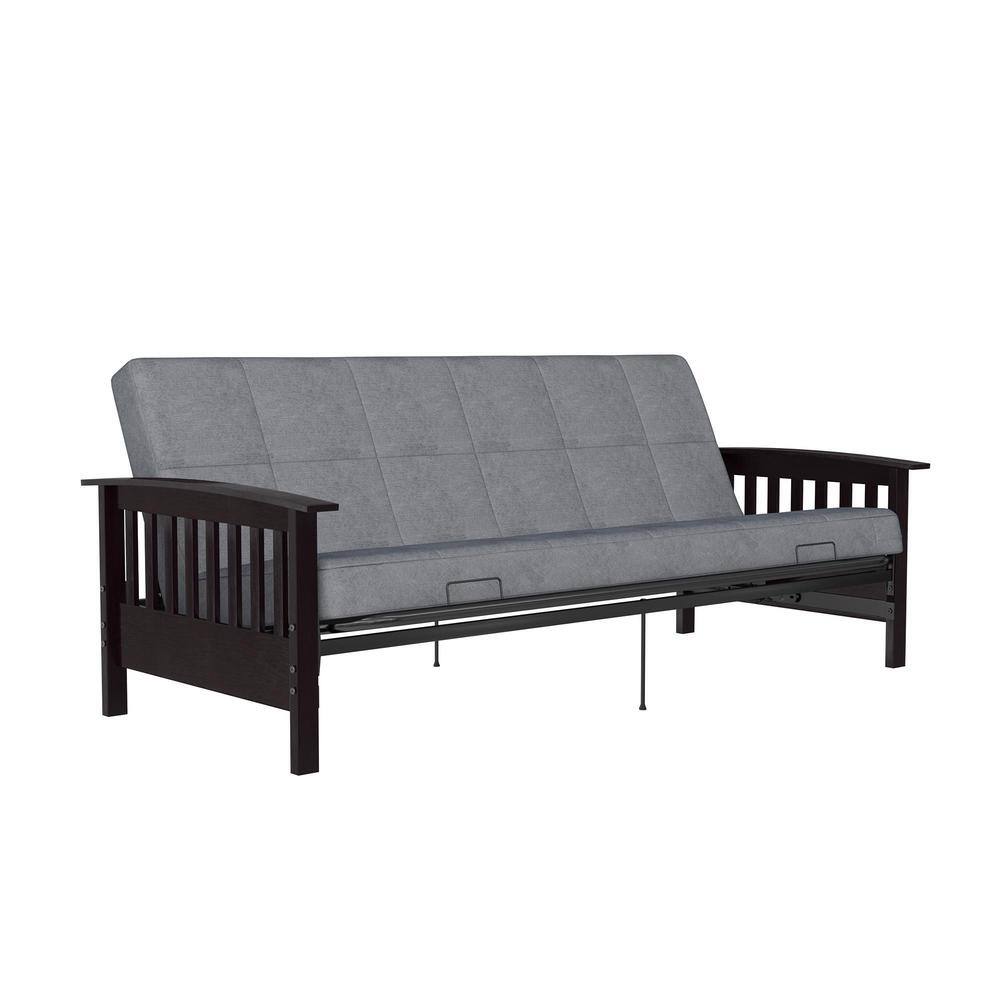 Gray Linen Reclining Futon with Dark Wood Arms and Metal Frame