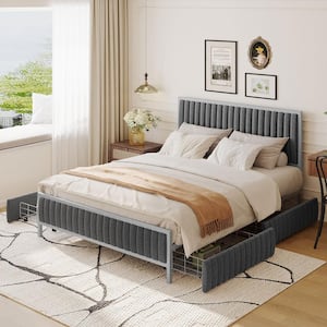 Channel-Tufted Gray Metal Frame Queen Size Linen Upholstered Platform Bed with 4-Drawer and Foam-Filled Headboard