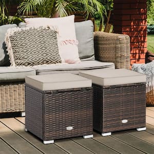 2-Pieces Brown Wicker Outdoor Rattan Ottomans with Brown Cushion - Patio Wicker Footstools with Storage Space