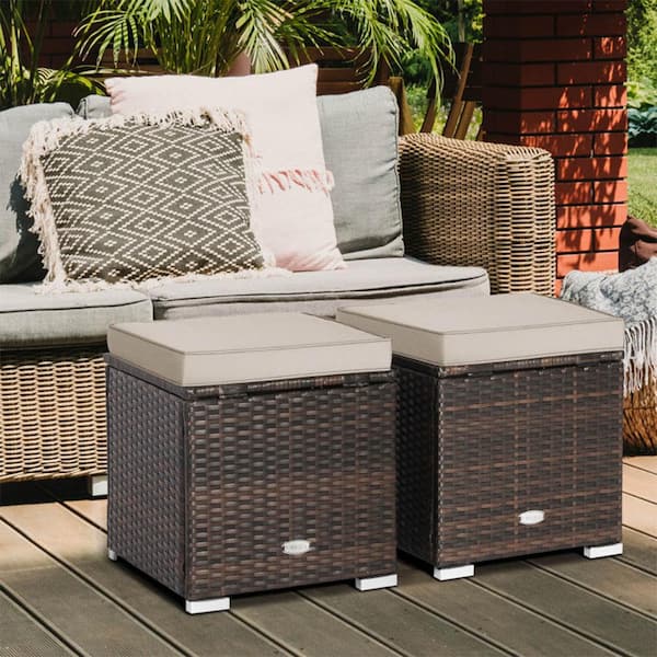 2-Pieces Brown Wicker Outdoor Rattan Ottomans with Brown Cushion - Patio Wicker Footstools with Storage Space