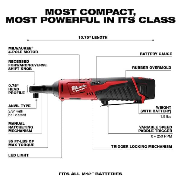 M12 12V Lithium-Ion Cordless 3/8 in. Ratchet with 4.0 Ah M12 Battery