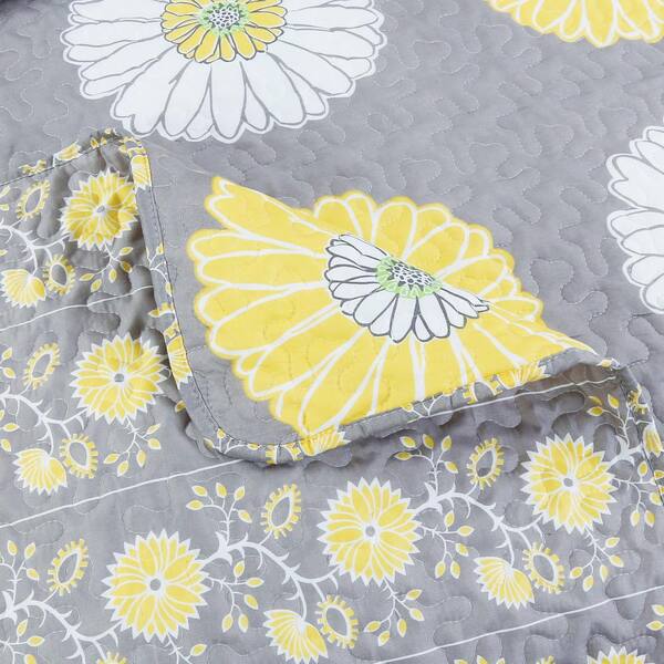 Queen Details about   Miss Daisy Floral Quilt Set Dove Gray Sunny Yellow White Sunflowers Full