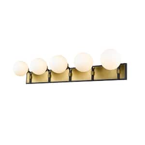 42.25 in. 5-Light Matte Black and Olde Brass Vanity Light with Opal Glass