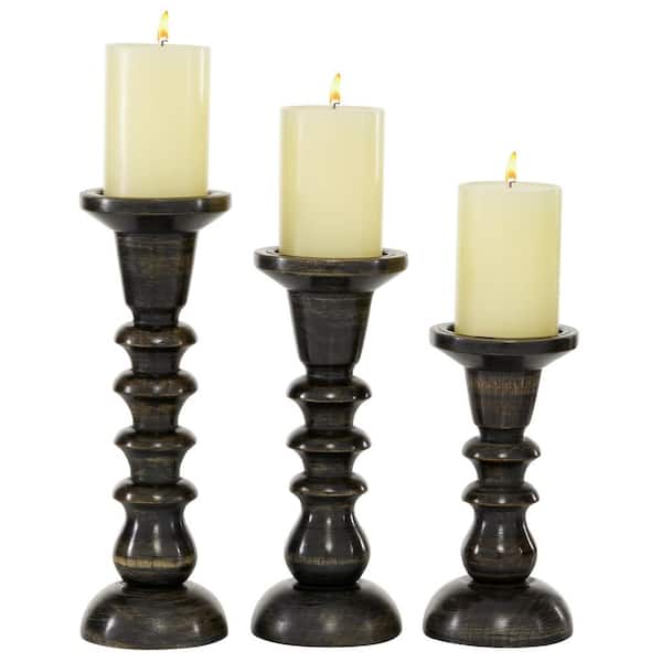 Litton Lane Dark Brown Wood Candle Holder (Set of 3)