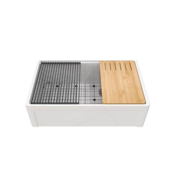 33 in. Farmhouse Double Bowl Glossy White Fireclay Kitchen Sink Workstation Kit with Grid, Drain and Drying Rack