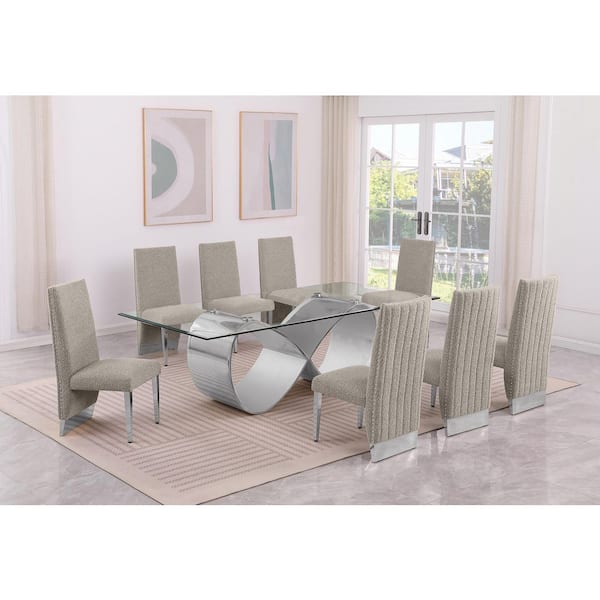 Best Quality Furniture Celia 9-Piece Clear Tempered Glass Top with Stainless Steel Base Dining Set with 8-Grey Chairs