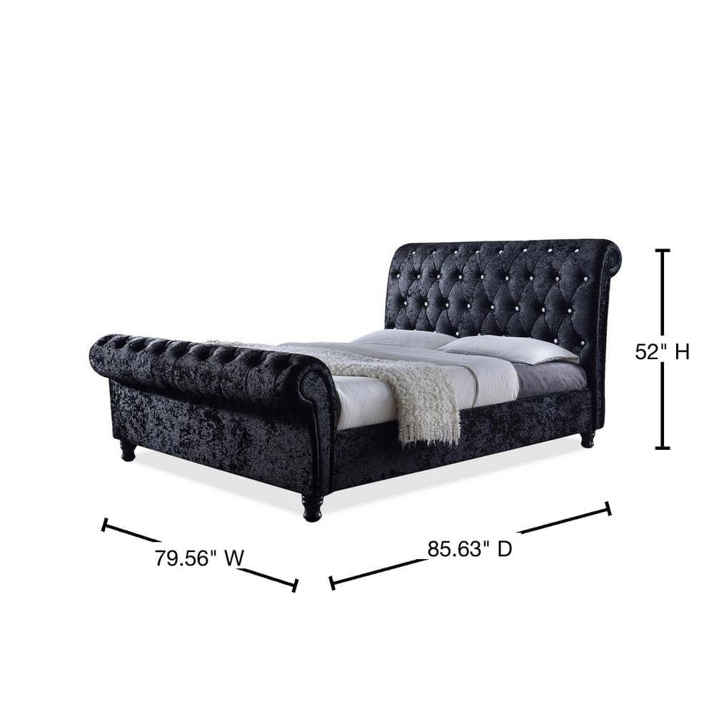 King Size Luxurious Black Velvet Upholstered Bed with Faux Crystal Tufting