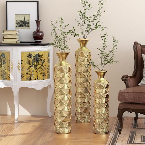 Unbranded 33.5/29.5/25.2 in. Gold Metal Bottle Floor Decorative Vase with 3D Triangle Pattern (Set of 3) for Home Decoration