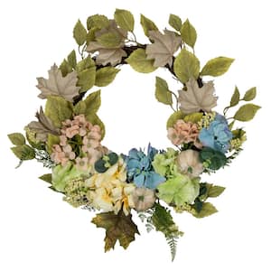 22 in. Green and Blue Floral and Gourds Thanksgiving Artificial Wreath