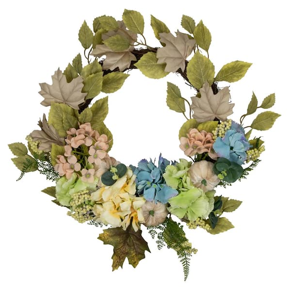 Northlight 22 in. Green and Blue Floral and Gourds Thanksgiving Artificial Wreath