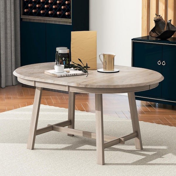 41.4 in. Natural Wash Solid Wood Retro Round Extendable Dining Table Seats 4-6 Seats