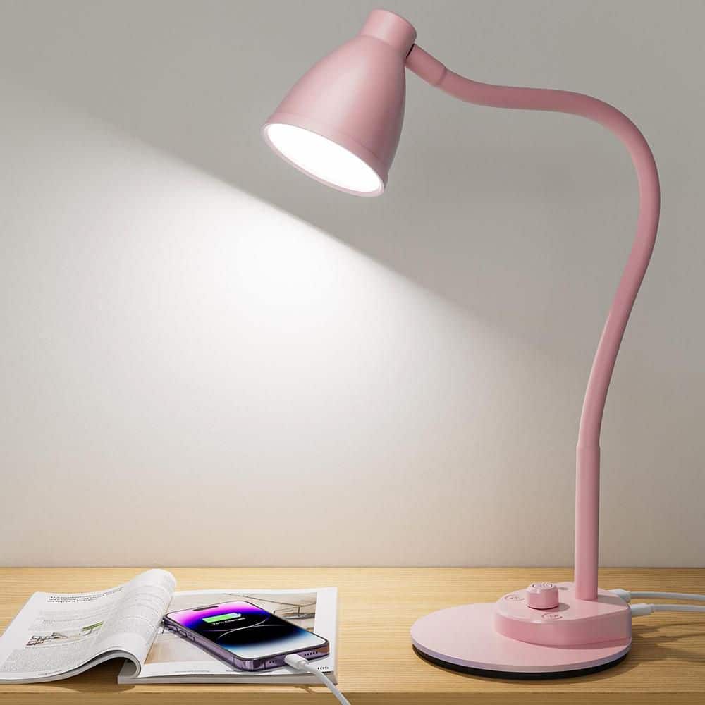 19 in. Pink Dimmable LED Flexible Gooseneck Desk Lamp with USB