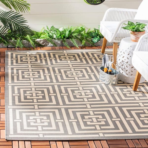 Courtyard Gray/Cream 8 ft. x 8 ft. Square Geometric Indoor/Outdoor Patio  Area Rug