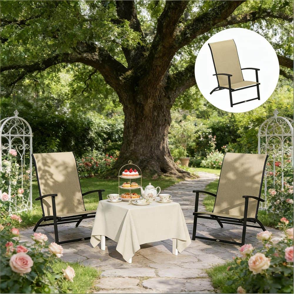 Powder-Coated High Back Folding Breathable Mesh Metal Outdoor Dining Chair in Beige Set of 2 price history on PriceWatchPro
