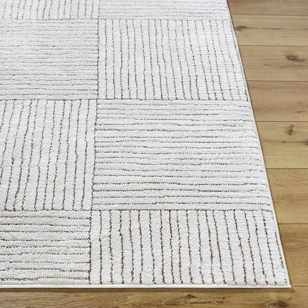 Ivory and Brown Geometric Synthetic Area Rug, 6'7" x 9'