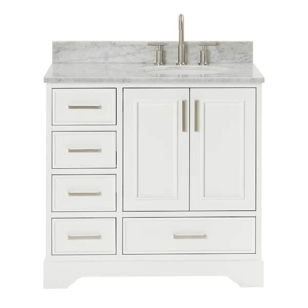 Stafford 36 in. W x 22 in. D x 35.25 in. H Right Single Sink Bath Vanity in White with Carrara White Marble Top