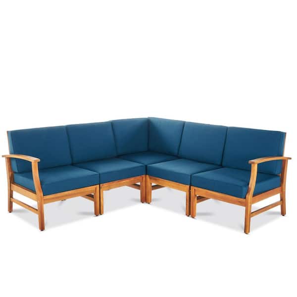 Noble House Lilian Teak Finish 5-Piece Wood Outdoor Patio Sectional Set with Blue Cushions