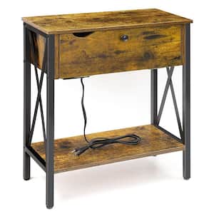 21.3 in. Rustic Brown End Table Side Table with Drawer and USB Ports Power Outlets 2-Tier Wood Nightstand