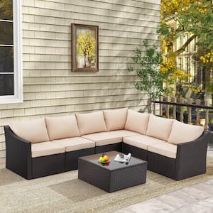 7-Piece Wicker Rattan Outdoor Patio Conversation Sectional Sofa Set with Beige Cushions