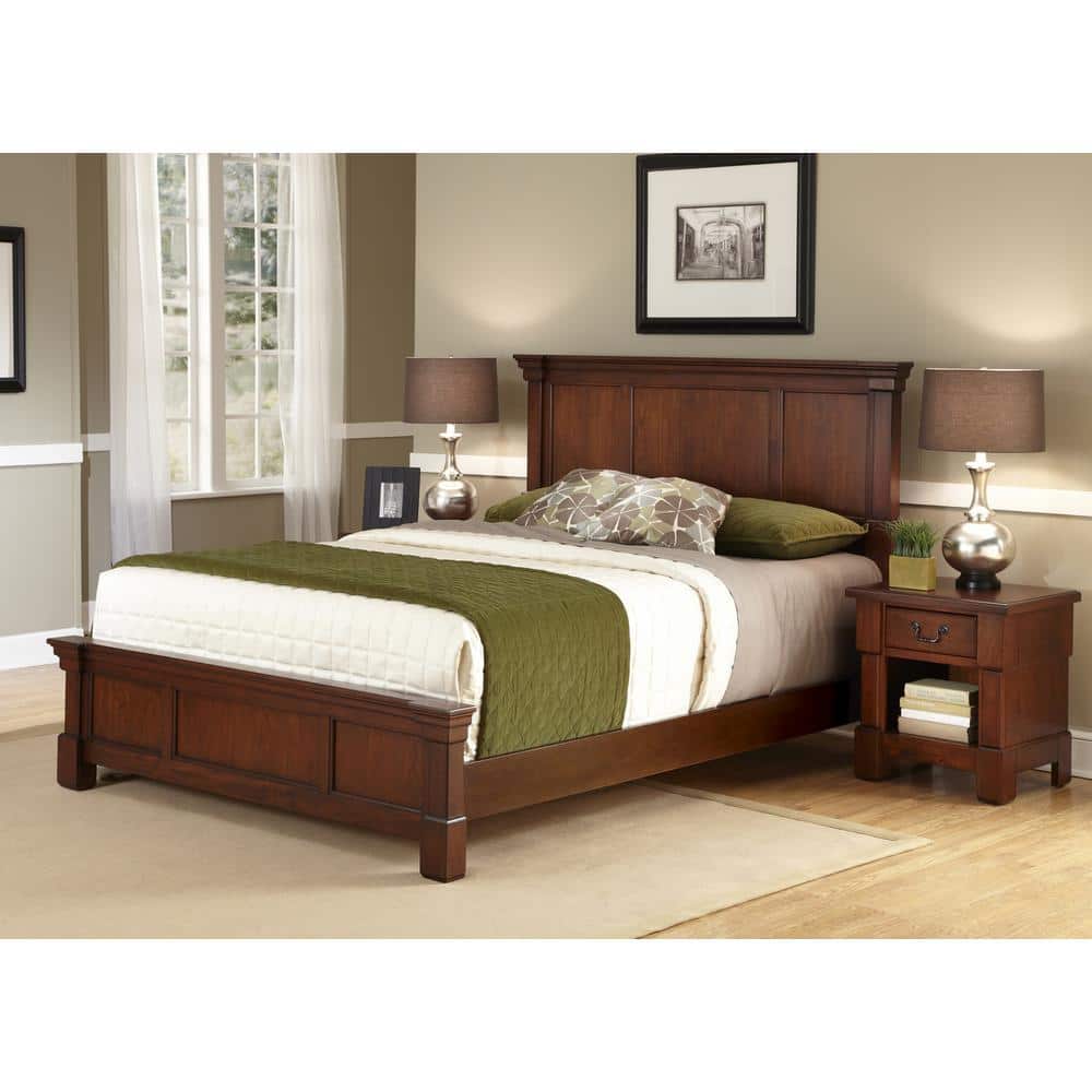 Queen Size Rustic Cherry Brown Wood Bed and Nightstand Set