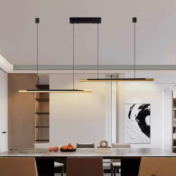 75 in. 2 Light Gold, Black Walnut LED Pendant Light with Remote, Adjustable Height-Sleek Dual Tube Design
