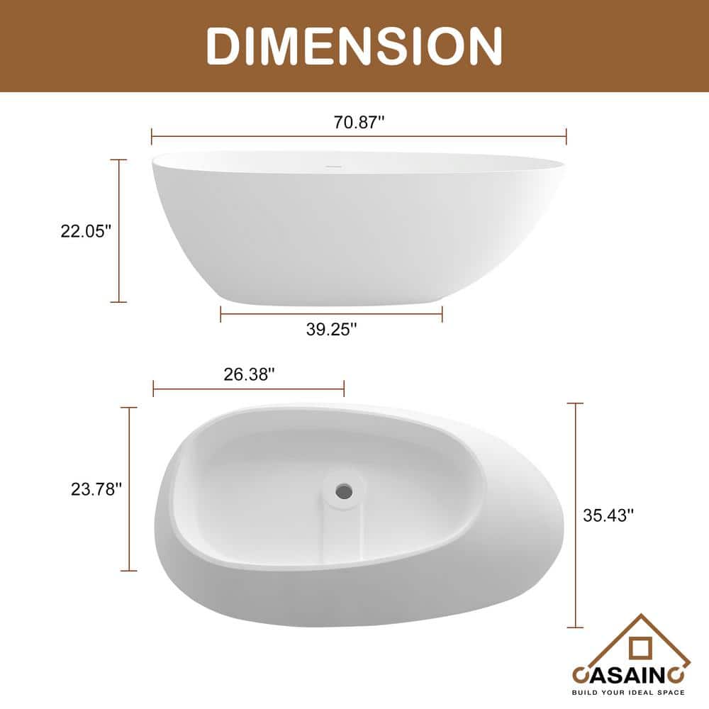 71'' White Acrylic Oval Freestanding Soaking Bathtub