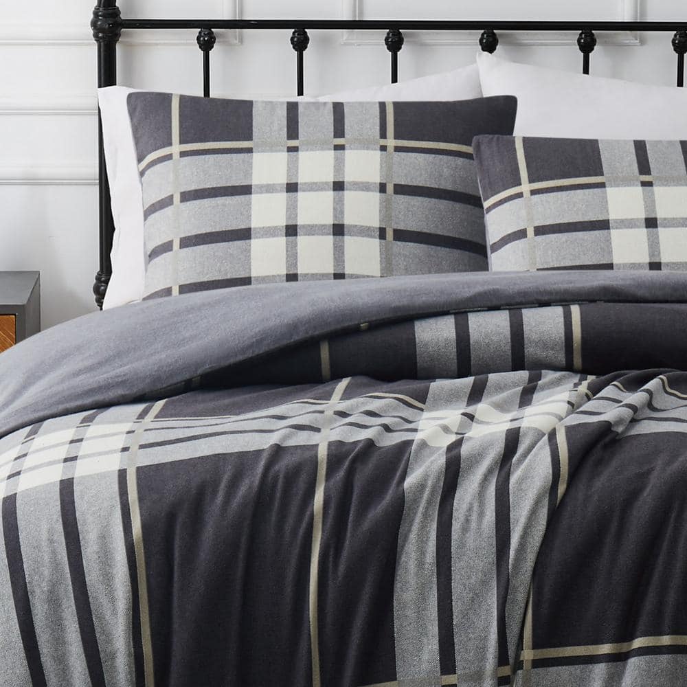 Milo Plaid Twin XL Gray Cotton Flannel Duvet Cover Set