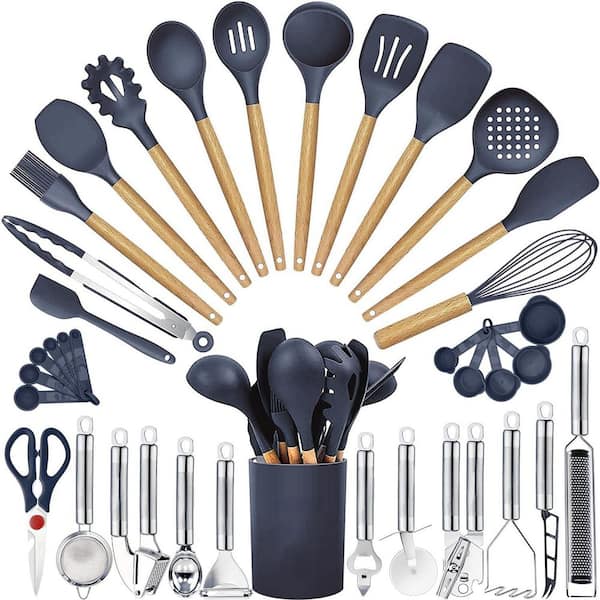 35-Piece Blue Heat Resistant Food Grade Silicone and Wooden Handles Cooking Utensils Set for Nonstick Cookware