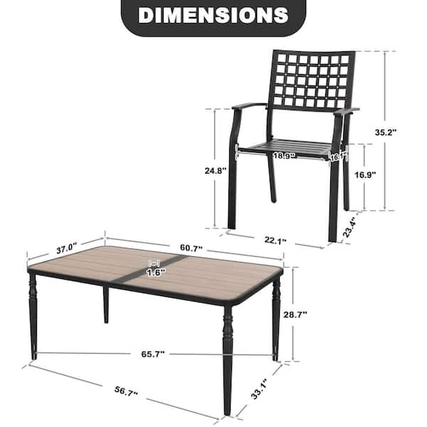 Black 7-Piece Outdoor Dining Set with 6 Stackable Chairs and Rectangle Table with Umbrella Hole