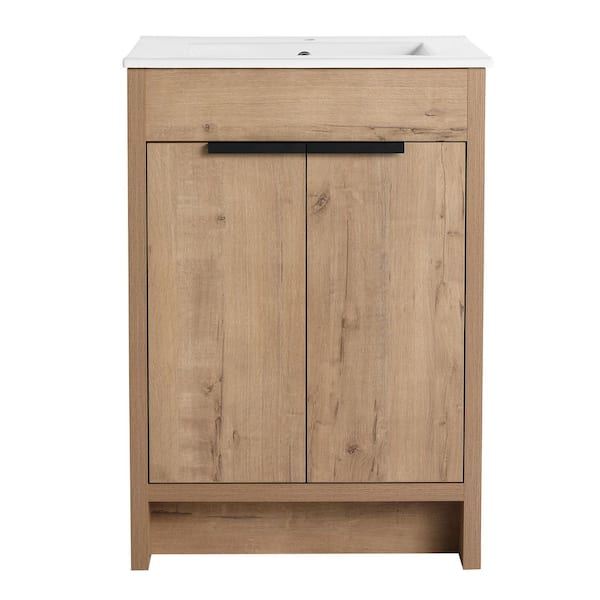 24 in. Freestanding Single Oak Bath Vanity with White Ceramic Top Unassembled