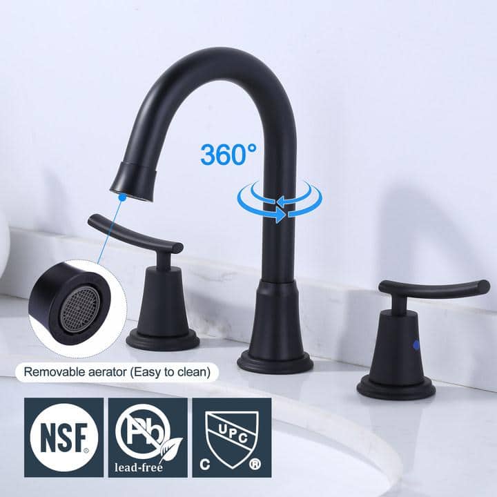 Matte Black Double Handle Widespread Bathroom Faucet with Drain Kit
