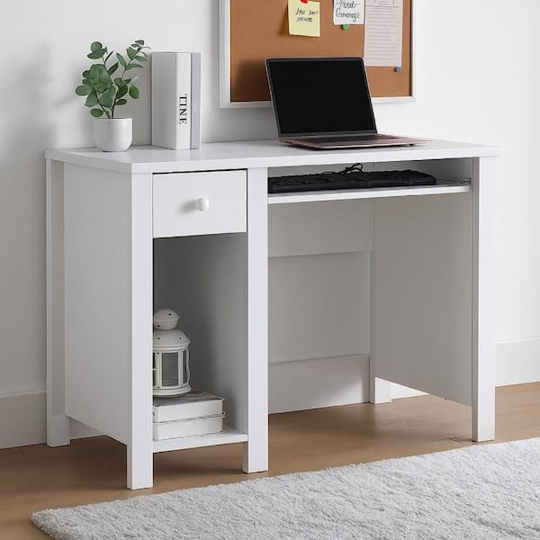 Akol 39 in. Rectangle White MDF 2-Drawer Computer Desk with Keyboard Drawer and 1-Shelf