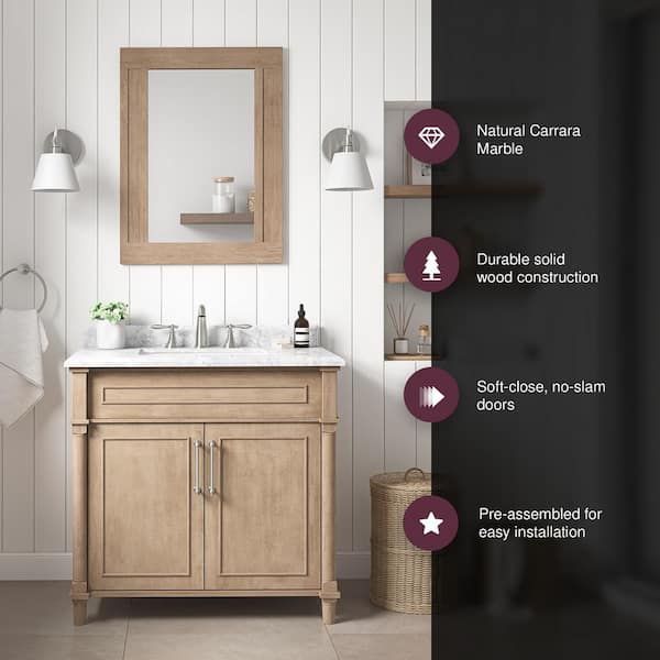 Aberdeen 36 in. Single Sink Freestanding Antique Oak Bath Vanity with Carrara Marble Top (Assembled)