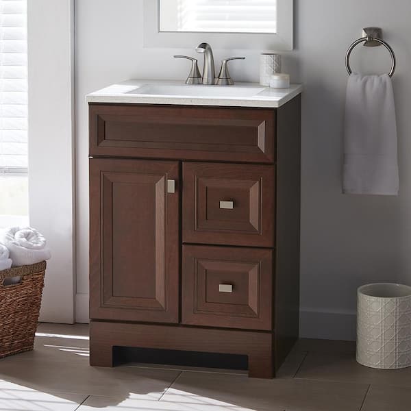 Home Decorators Collection Sedgewood 24.5 in. W x 18.75 in. D x 34.375 in. H Single Sink Bath Vanity in Dark Cognac with Arctic Solid Surface Top