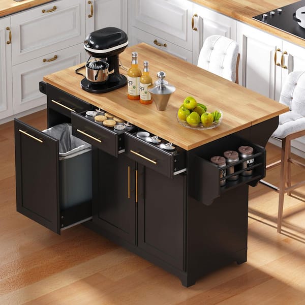 Modern Black Wood 59.3 in. Drop Leaf Power Outlet Kitchen Island with Trash Can Storage and Pull Out Cabinet Organizers