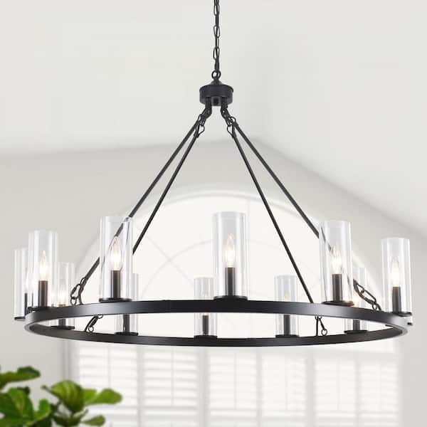 12-Light Black Circle Candlestick Wagon Wheel Chandelier Linear Island Chandelier Lighting for Kitchen Island