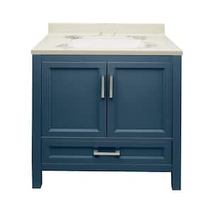 Salerno 31 in. W x 22 in. D x 36 in. H Bath Vanity in Navy Blue with Cultured Marble Vanity Top in Carrara White