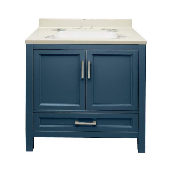 Amluxx Salerno 31 in. W x 22 in. D x 36 in. H Bath Vanity in Navy Blue with Cultured Marble Vanity Top in Carrara White