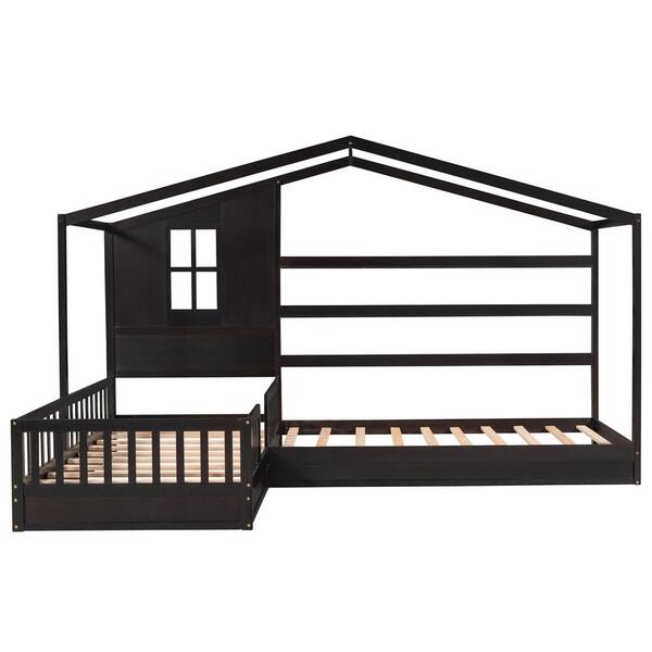 ANBAZAR Espresso Twin Kids Platform Bed with House Roof Twin Wood House Bed with Guardrail L