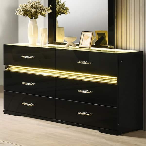 Furniture of America Saven Modern Black Solid Wood 6-Drawer Dresser with LED Light