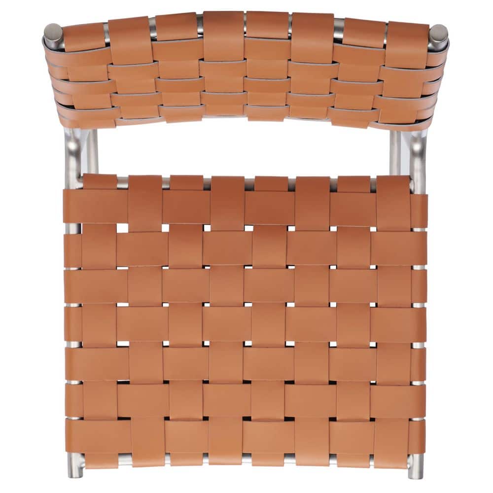 Cognac Leather and Silver Metal Saddle Counter Stool