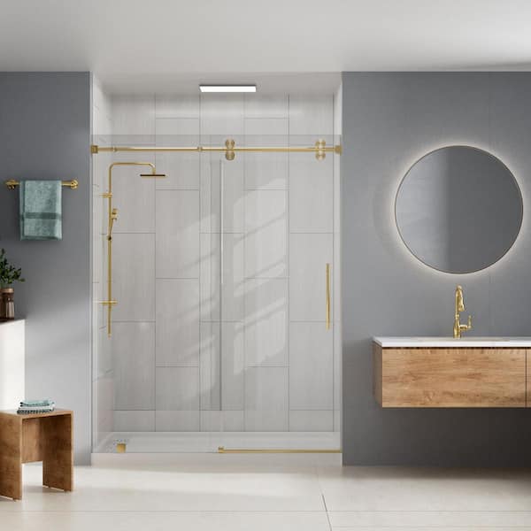 36 in. L x 60 in. W x 96 in. H Alcove Shower Stall/Kit Sliding Door in Brushed Gold with Right Drain and Big Brick Wall
