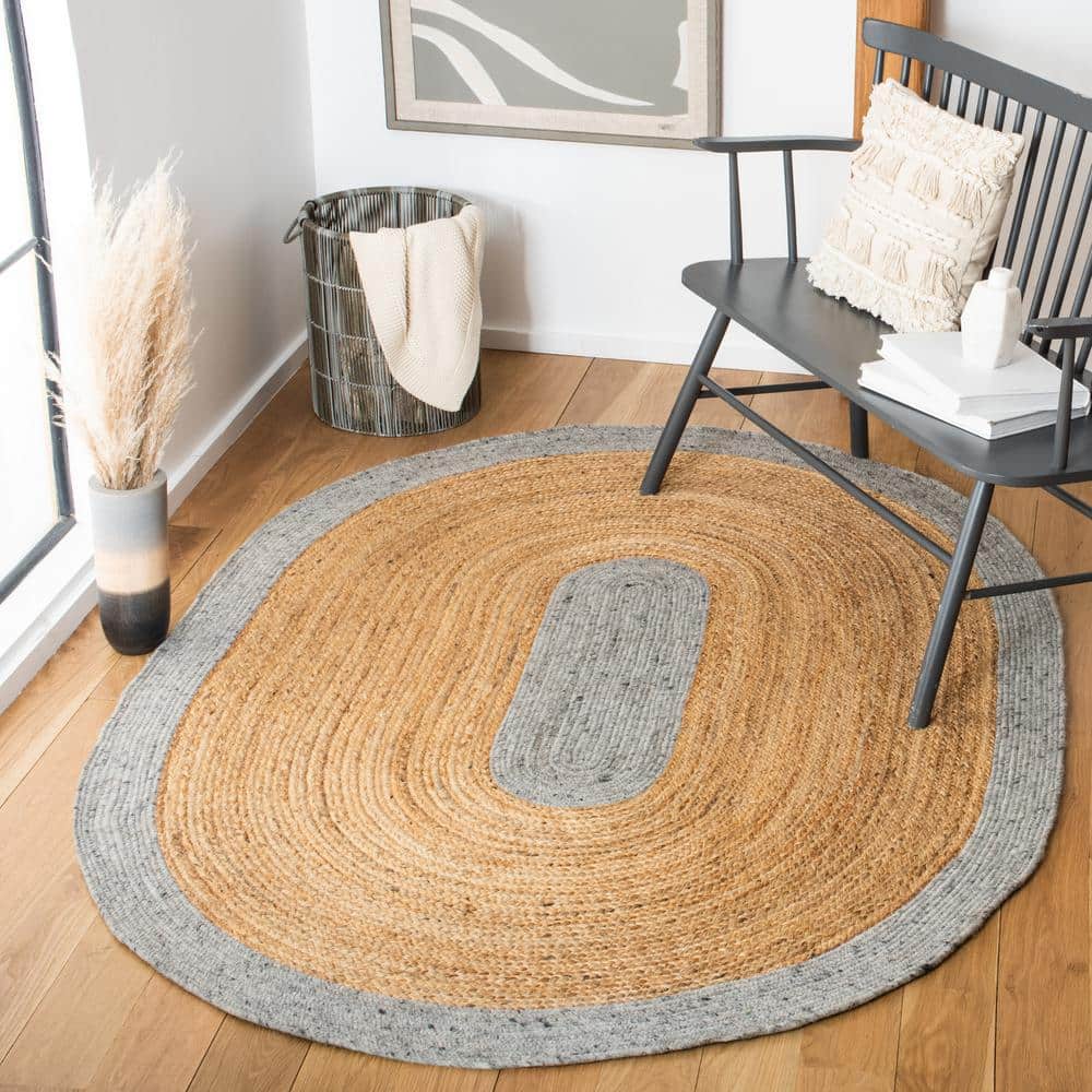Gray and Natural Oval Braided Wool Cotton Rug 6' x 9'