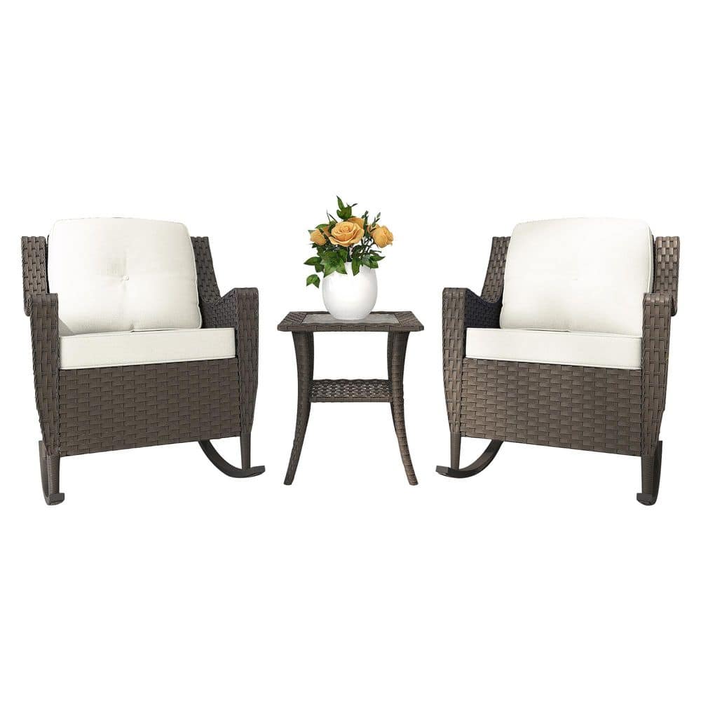 3-Pieces Wicker Outdoor Patio Conversation Set with 2 Rocking Chairs with Beige Cushions and a Side Table price history on PriceWatchPro