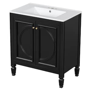 Isolde 30 in. Black Modern Bath Vanity with White Ceramic Top, Shelves, Internal Drawers, Cabinet, Rubberwood, MDF