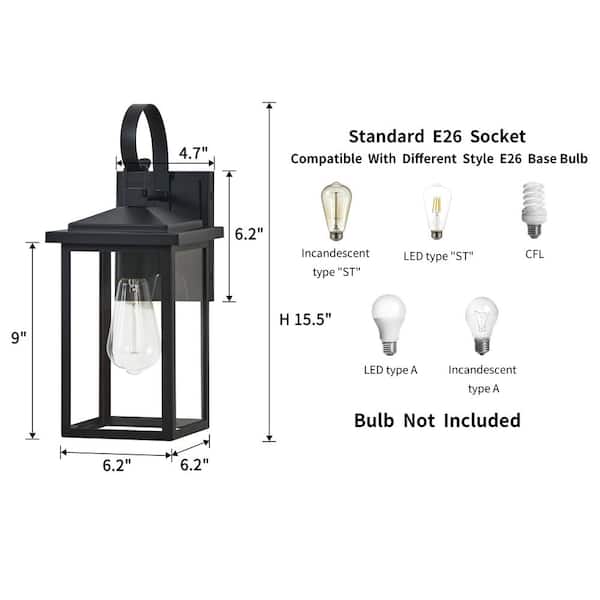 KAWOTI 15. 5 in. 1-Light Black Outdoor Wall Lantern Sconce 21403