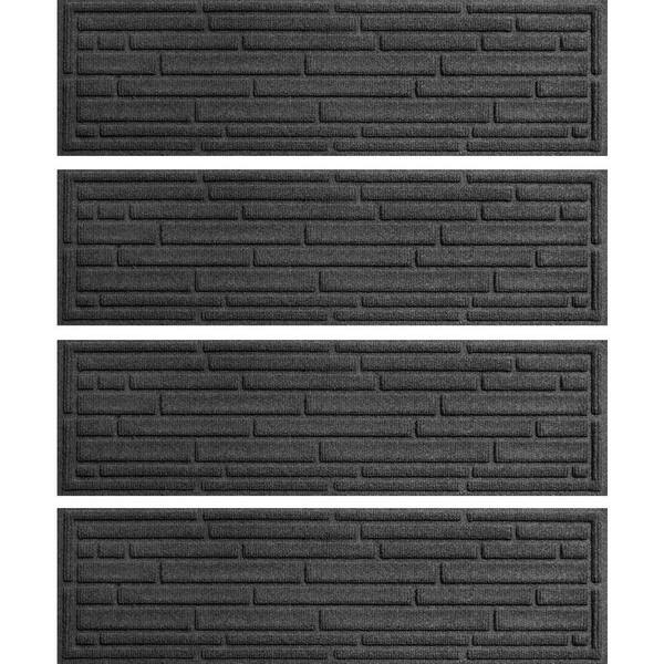 Bungalow Flooring Aqua Shield Broken Brick Charcoal 8.5 in. X 30 in. PET Polyester Indoor Outdoor Stair Tread Covers (Set of 4)